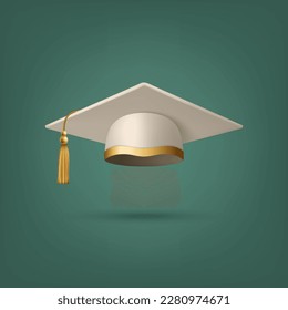 Vector 3d Realista White Graduate College, High School, Universidad Black Cap Icon Closeup Aislado. Sombrero de Ceremonia de Grado Vector. Símbolo educativo estudiantil, Sombrero. Vista frontal