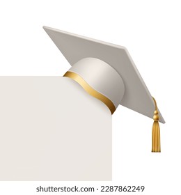 Vector 3d Realistic White Graduate College, High School, University Cap Closeup with Blank White Card Isolated. Vector Degree Ceremony Hat. Educational Student Symbol, Hat. Front View