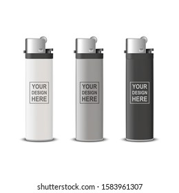 Vector 3d Realistic White, Gray, Black Blank Cigarette Lighter Icon Set Closeup Isolated on Transparent Background. Design Template for Advertising, Mockup, Corporate Identity. Front View
