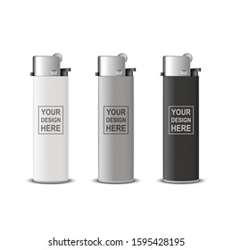 Vector 3d Realistic White, Gray, Black Blank Cigarette Lighter Icon Set Closeup Isolated on Transparent Background. Design Template for Advertising, Mockup, Corporate Identity. Front View