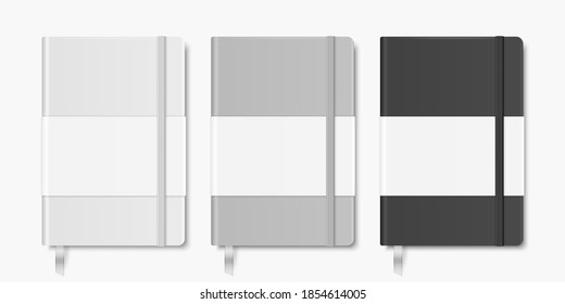 Vector 3d Realistic White, Gray, Black Closed Blank Paper Notebook with Bookmark Set Isolated on White Background. Design Template of Copybook with Elastic Band for Mockup, Logo Print. Top View