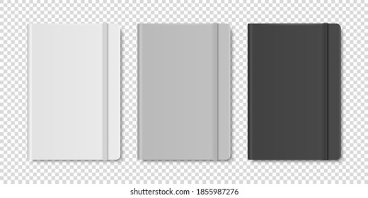 Vector 3d Realistic White, Gray, Black Closed Blank Paper Notebook Set Isolated on Transparent Background. Design Template of Copybook with Elastic Band for Mockup, Logo Print. Top View