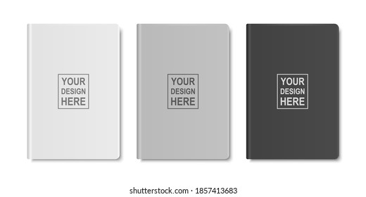 Vector 3d Realistic White, Gray, Black Closed Blank Paper Notebook Set Isolated on White Background. Design Template of Copybook for Mockup, Logo Print. Top View
