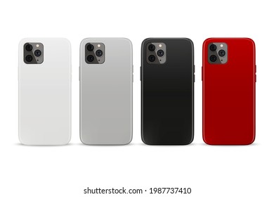 Vector 3d Realistic White, Gray, Black, Red Blank Phone Case Design Template. Back Cover for Smartphone Set Isolated on White Background. Mockup. Front View