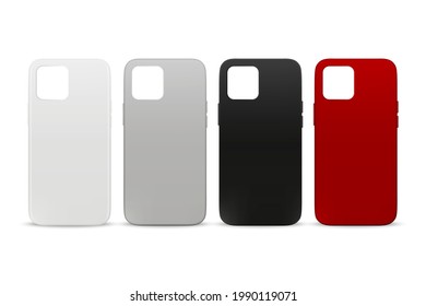 Vector 3d Realistic White, Gray, Black, Red Blank Phone Case Design Template. Back Cover for Smartphone Set Isolated on White Background. Mockup. Front View