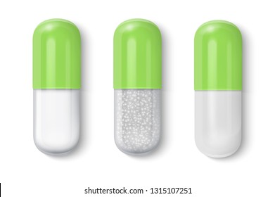 Vector 3d Realistic White and Green Medical Pill Icon Set Closeup Isolated on White Background. Design template of Pills, Capsules for graphics, Mockup. Medical and Healthcare Concept. Top View