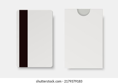 Vector 3d Realistic White Guest Room Standard Plastic Keycard With Magnetic Strip, Paper Case, Cover, Wallet Isolated. Design Template Of Hotel Room Plastic Key Card For Mockup, Branding. Front View