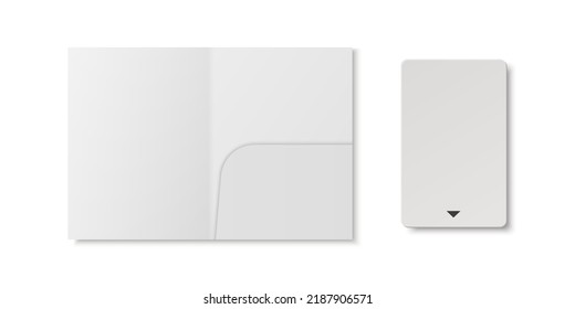 Vector 3d Realistic White Guest Room, Plastic Hotel Apartment Keycard Template with Paper Cover Case, Wallet. Design Template of Hotel Room Plastic Key Card for Mockup, Branding. Top View