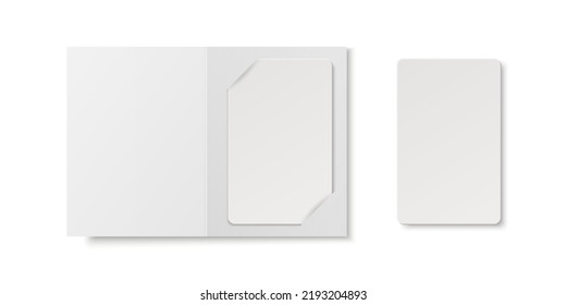 Vector 3d Realistic White Guest Room, Plastic Hotel Apartment Keycard, ID Card, Sale, Credit Card. Design Template with Paper Cover Case, Wallet for Mockup, Branding. Top View