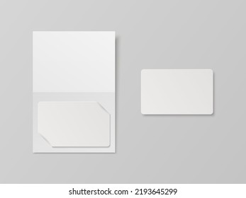 Vector 3d Realistic White Guest Room, Plastic Hotel Apartment Keycard, ID Card, Sale, Credit Card. Design Template with Paper Cover Case, Wallet for Mockup, Branding. Top View