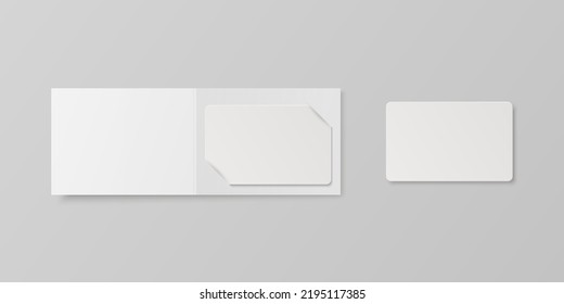 Vector 3d Realistic White Guest Room, Plastic Hotel Apartment Keycard, ID Card, Sale, Credit Card. Design Template with Paper Cover Case, Wallet for Mockup, Branding. Top View