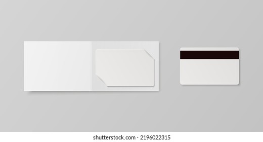 Vector 3d Realistic White Guest Room, Plastic Hotel Apartment Keycard, ID Card, Sale, Credit Card With Magnetic Strip. Design Template With Paper Cover Case, Wallet For Mockup, Branding. Top View