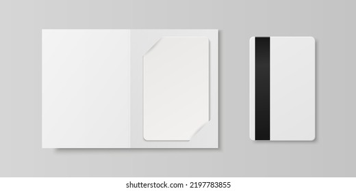 Vector 3d Realistic White Guest Room, Plastic Hotel Apartment Keycard, ID Card, Sale, Credit Card with Magnetic Strip. Design Template with Paper Cover Case, Wallet for Mockup, Branding. Top View