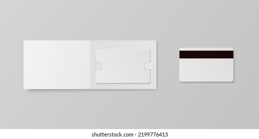 Vector 3d Realistic White Guest Room, Plastic Hotel Apartment Keycard, ID Card, Sale, Credit Card with Magnetic Strip. Design Template with Paper Cover Case, Wallet for Mockup, Branding. Top View