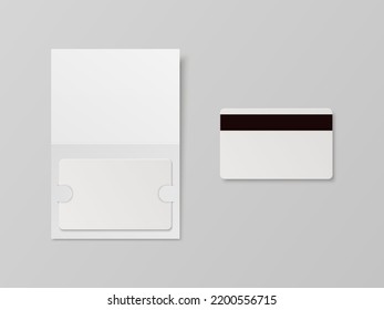 Vector 3d Habitación Blanca Realista, Plastic Hotel Apartment Keycard, Tarjeta de Identificación, Venta, Tarjeta de Crédito con Franja Magnética. Plantilla de diseño con estuche de cubierta de papel, cartera de maquillaje, promoción de marca. Vista superior