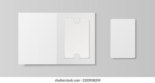 Vector 3d Realistic White Guest Room, Plastic Hotel Apartment Keycard, ID Card, Sale, Credit Card Design Template with Paper Cover Case, Wallet for Mockup, Branding. Top View