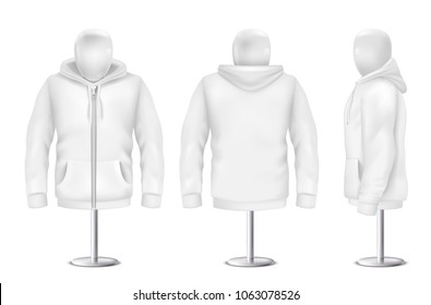 Vector 3d real de caramelo blanco, frontal, posterior, lateral vista de la sudadera. Plantilla de maquillaje para ropa de fondo blanco. Manga larga de moda en el maniquí, pullover encapuchado. Unisex, mujeres, hombres, caramba