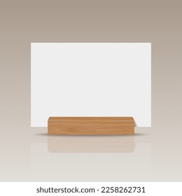 Vector 3d Realistic White Horizontal Empty Blank Paper Sheet, Card on Wooden Holder, Stand Icon Closeup. Design Template for Mockup, Menu Frame, Booklets. Acrylic Tent Card. Front, Side View