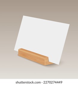 Vector 3d Realistic White Horizontal Empty Blank Paper Sheet, Card on Wooden Holder, Stand Icon Closeup. Design Template for Mockup, Menu Frame, Booklets. Acrylic Tent Card. Half Turn, Side View