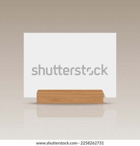 Vector 3d Realistic White Horizontal Empty Blank Paper Sheet, Card on Wooden Holder, Stand Icon Closeup. Design Template for Mockup, Menu Frame, Booklets. Acrylic Tent Card. Front, Side View