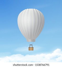 Vector 3d Realistic White Hot Air Balloon on Blue Sky Background. Design Template for Branding. Blank Aerostat for Summer Vacation, Travelling, Tourism, Journey Concept