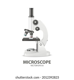Vector 3d Realistic White Laboratory, School Microscope Isolated on White. Chemistry, Microbiology Tool. Science, Lab, Research, Education Concept. Design Template, Mockup. Front View