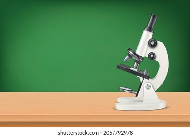 Vektor 3d realistisches Weißes Labormikroskop auf dem Holztisch auf dem Hintergrund des Schulgrauptes. Chemie, Biologie-Werkzeug. Wissenschaft, Labor, Forschung, Bildungskonzept. Vorlage erstellen