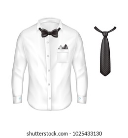 Vector 3d realistic white male shirt with long sleeves, buttons and cufflinks, bow-tie, handkerchief in pocket, black dotted tie isolated on background. Classic man wardrobe, template for your design