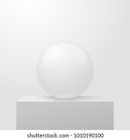 Vector 3D realistic white marble ball, standing on white podium surface, on white background.