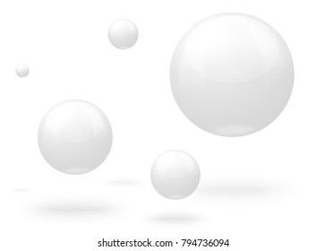 Vector 3D realistic white marble balls, flying in the air, isolated on white background.