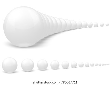 Vector 3D realistic white marble balls of different size, set in a row, on white background.