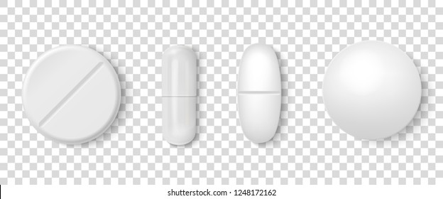 Vector 3d Realistic White Medical Pill Icon Set Closeup Isolated on Transparency Grid Background. Design template of Pills, Capsules for graphics, Mockup. Medical and Healthcare Concept. Top View