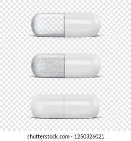 Vector 3d Realistic White Medical Pill Icon Set Closeup Isolated on Transparency Grid Background. Design Template of Pills, Capsules for Graphics, Mockup. Medical and Healthcare Concept. Front View