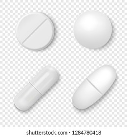 Vector 3d Realistic White Medical Pill Icon Set Closeup Isolated on Transparent Background. Design template of Pills, Capsules for graphics, Mockup. Medical and Healthcare Concept. Top View