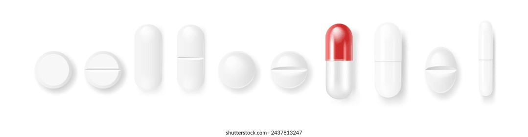 Vector 3d Realistic White Medical Pill Icon Set Closeup Isolated on Transparency Grid Background. Design template of Pills, Capsules for graphics, Mockup. Medical and Healthcare Concept. Top View