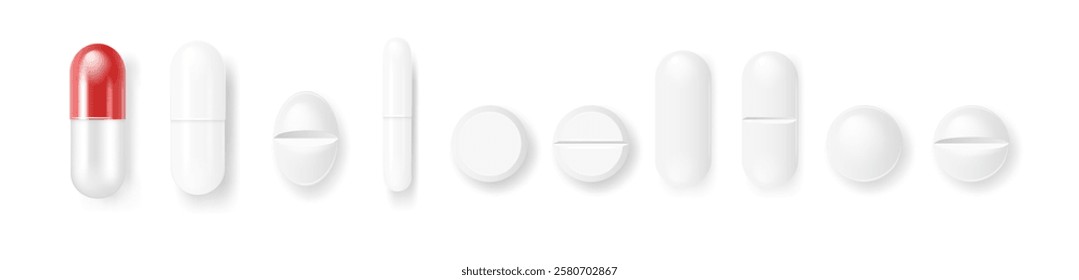 Vector 3d Realistic White Medical Pill Icon Set Closeup Isolated on Transparency Grid Background. Design template of Pills, Capsules for graphics, Mockup. Medical and Healthcare Concept. Top View