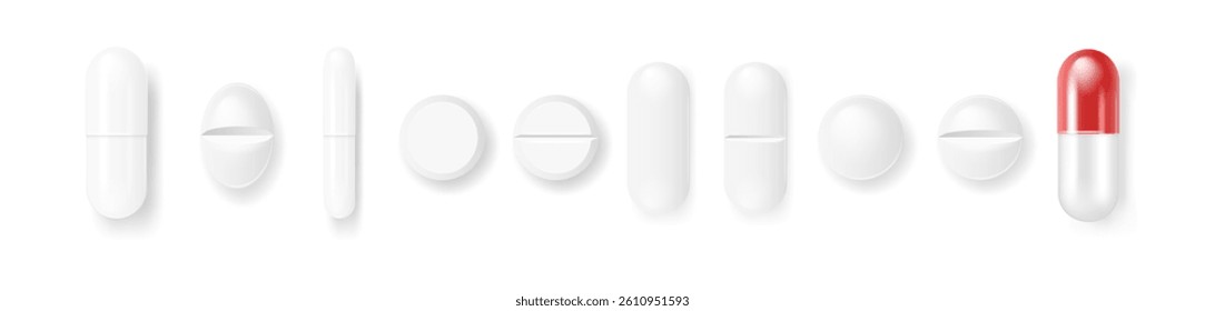 Vector 3d Realistic White Medical Pill Icon Set Closeup Isolated on Transparency Grid Background. Design template of Pills, Capsules for graphics, Mockup. Medical and Healthcare Concept. Top View