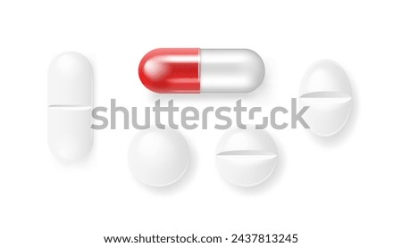 Vector 3d Realistic White Medical Pill Icon Set Closeup Isolated on Transparency Grid Background. Design template of Pills, Capsules for graphics, Mockup. Medical and Healthcare Concept. Top View