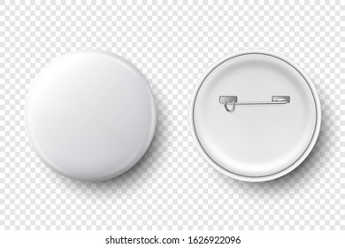 Vector 3d Realistic White Metal, Plastic Blank Button Badge Icon Set Isolated on Transparent Background. Top View - Front and Back Side Template for Branding Identity, Logo, Presentations. Mock-up