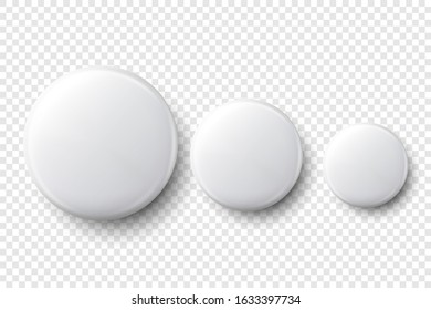 Vector 3d Realistic White Metal, Plastic Blank Button Badge Set Different Sizes Closeup Isolated on Transparent Background. Top View. Template for Branding Identity, Graphic Presentations. Mock-up