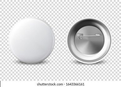 Vector 3d Realistic White Metal, Plastic Blank Button Badge Icon Set Isolated on Transparent Background. Front and Back Side View. Template for Branding Identity, Logo, Presentations. Mock-up