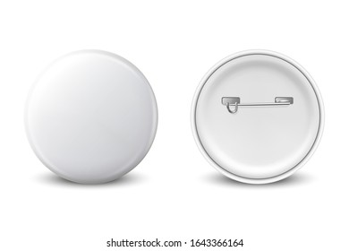 Vector 3d Realistic White Metal, Plastic Blank Button Badge Icon Set Isolated on White Background. Front and Back Side View. Template for Branding Identity, Logo, Presentations. Mock-up