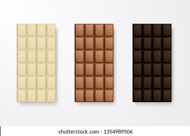 Vector 3d Realistic White, Milk and Dark Black Chocolate Bar Icon Set Closeup Isolated on White Background. Design Template. Top View