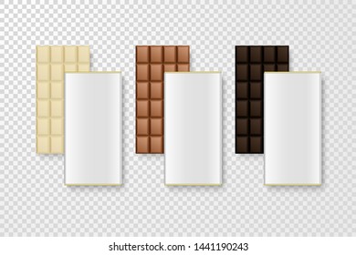 Vector 3d Realistic White, Milk and Dark Blank Whole Chocolate Bar with Package Set Closeup Isolated on Transparent Background. Design Template of Wrapper for Packaging, Mockup, Advertising. Top View