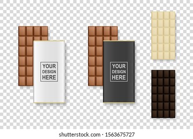 Vector 3d Realistic White, Milk and Dark Black Brown Chocolate Bar Icon Set Closeup Isolated on Transparent Background. In Wrapper and Without. Design Template of Package, Delicious Dessert. Top View
