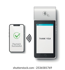 Vector 3D Realistic White NFC Payment Terminal and Smartphone Closeup. Successful Payment, Transaction. Payment Machine, Approved Status. Design Template, Bank Payment Contactless Terminal