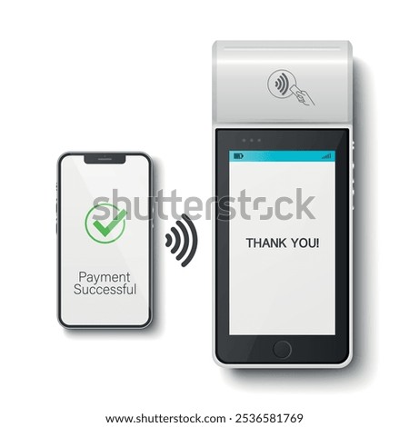 Vector 3D Realistic White NFC Payment Terminal and Smartphone Closeup. Successful Payment, Transaction. Payment Machine, Approved Status. Design Template, Bank Payment Contactless Terminal