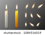Vector 3d realistic white and orange paraffin or wax burning party candle and different flame of a candle icon set closeup isolated on transparency grid background. Design template, clipart for