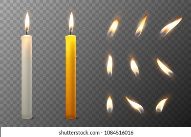 Vector 3d realistic white and orange paraffin or wax burning party candle and different flame of a candle icon set closeup isolated on transparency grid background. Design template, clipart for