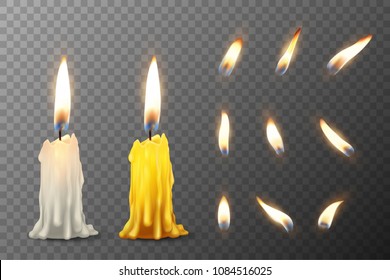 Vector 3d Realistic White And Orange Paraffin Or Wax Burning Party Candle Or Candle Stump And Different Flame Of A Candle Icon Set Closeup Isolated On Transparency Grid Background. Design Template